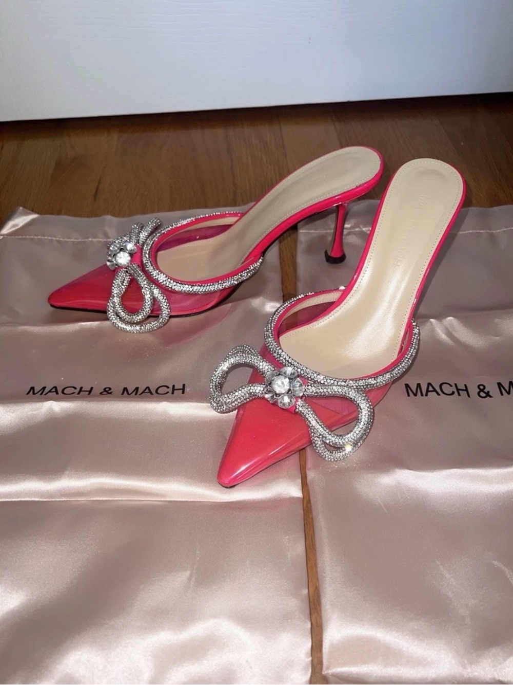 Mach & Mach Hot Pink Double Bow Vinyl & Leather Mule Heel - Size 37.5, 85mm Heel